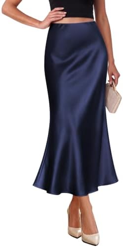 Plus Size Fall Clothes Satin A Line Midi Skirt Navy XL